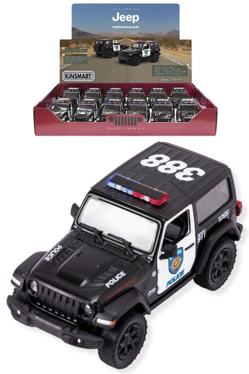 KINSMART – 2018 Jeep Wrangler Police – Modellino cm12 c/porte apribili – c/pull-back and go In espo da 12pz (xcm)…x12…x48